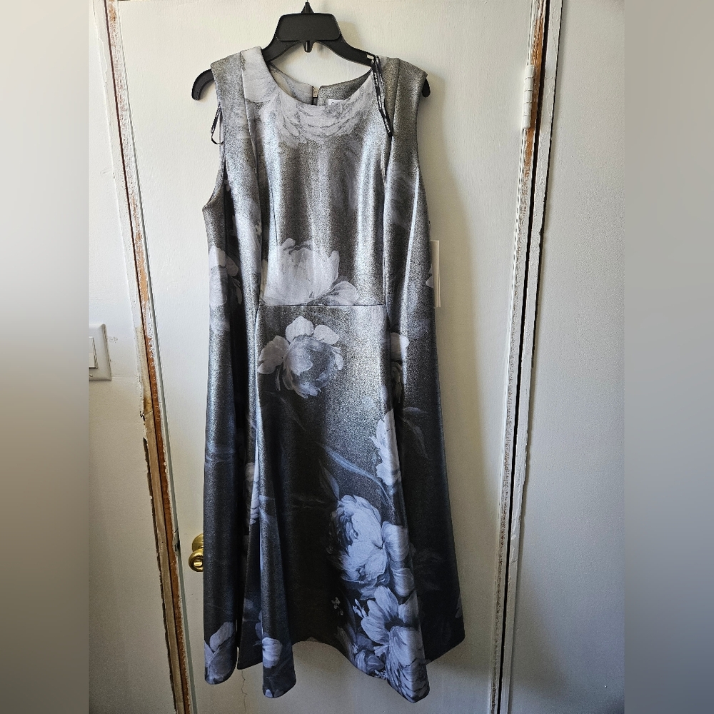 Calvin Klein Silver and White Floral Midi Dress